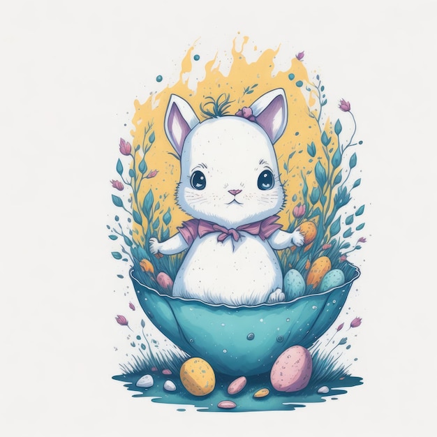 A drawing of a rabbit that is in a bowl