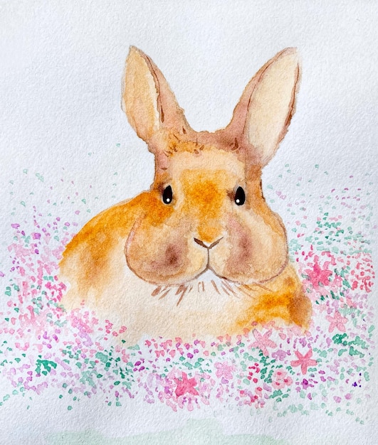 a drawing of a rabbit in water with pink and green flowers