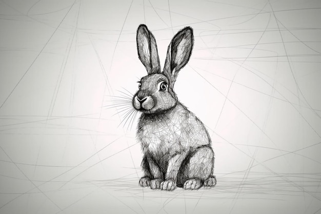 A drawing of a rabbit with a black nose and a white face.