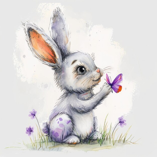 a drawing of a rabbit with a butterfly on his nose