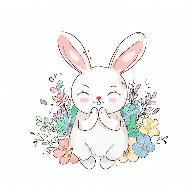 A drawing of a rabbit with a closed eyes and a closed mouth is surrounded by flowers