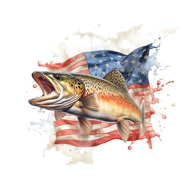 Photo a drawing of a rainbow trout with a flag in the background.