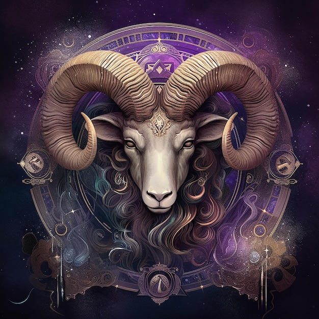 A drawing of a ram with large horns and a circle with symbols on it.