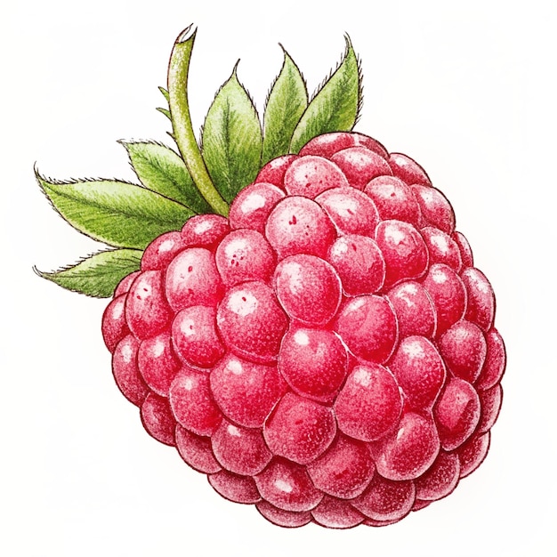 a drawing of a raspberry with green leaves