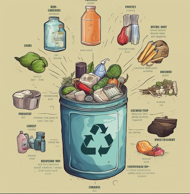 a drawing of a recycling bin with various things including a recycle bin.