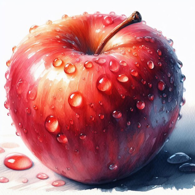 a drawing of a red apple with water drops on it