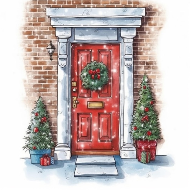 A drawing of a red door with a wreath and christmas trees generative ai