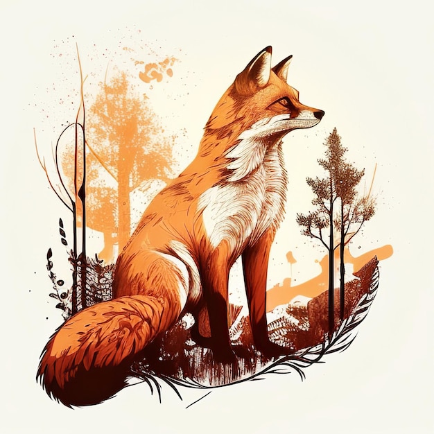 Drawing of a red fox with trees The concept of a generated AI image of an animal on a yellow background for print