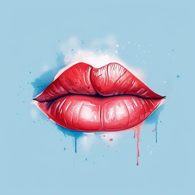 A drawing of a red lips with a blue background and a red lip.