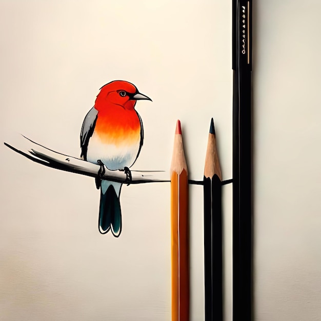 A drawing of a red and orange bird with a red and yellow pencil in the middle.