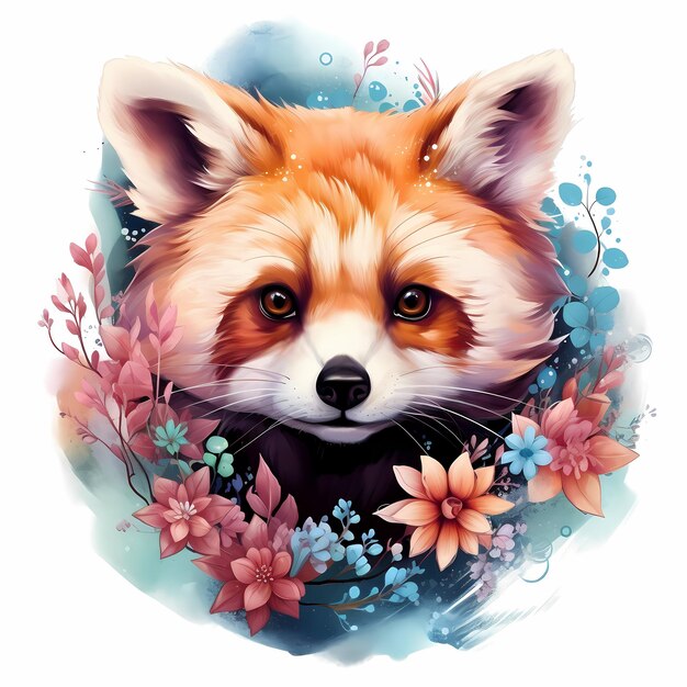 a drawing of a red panda with flowers and a picture of a fox