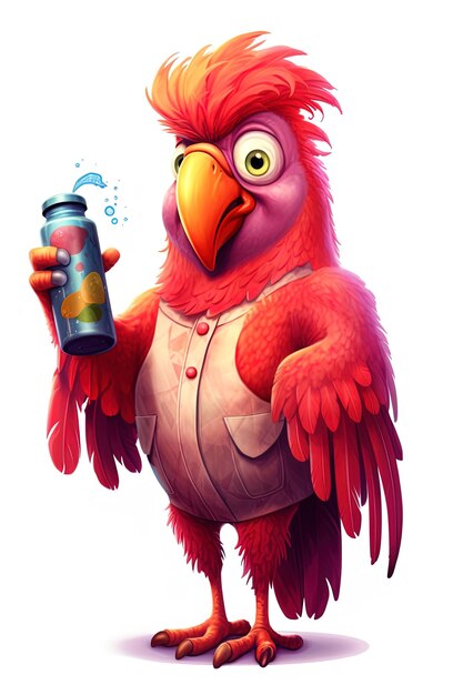 a drawing of a red parrot holding a bottle of energy drink