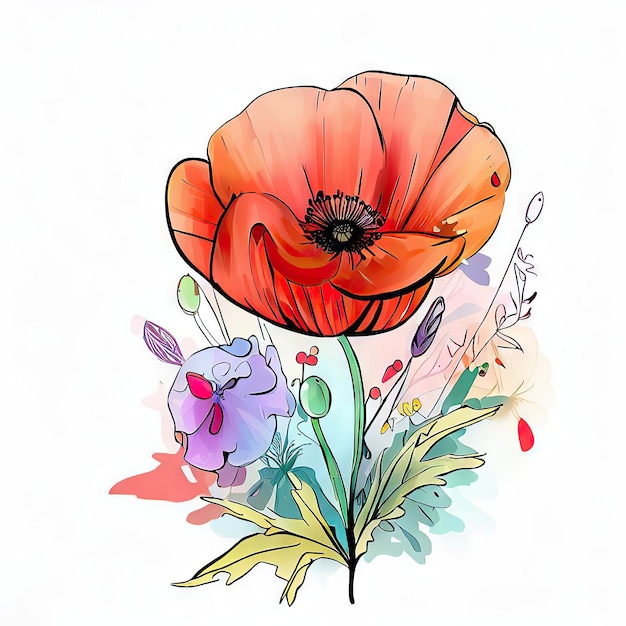 Photo a drawing of a red poppy with a blue flower in the center.
