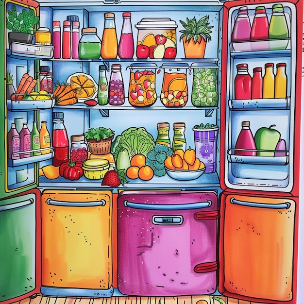 a drawing of a refrigerator with a variety of drinks and fruits