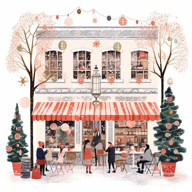 a drawing of a restaurant with a christmas tree and people sitting outside