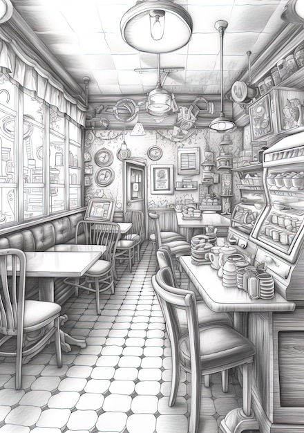 Photo a drawing of a restaurant with a picture of a table and chairs.