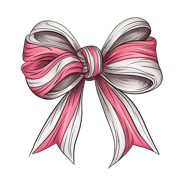 A drawing of a ribbon with pink and white stripes and the word love on it.