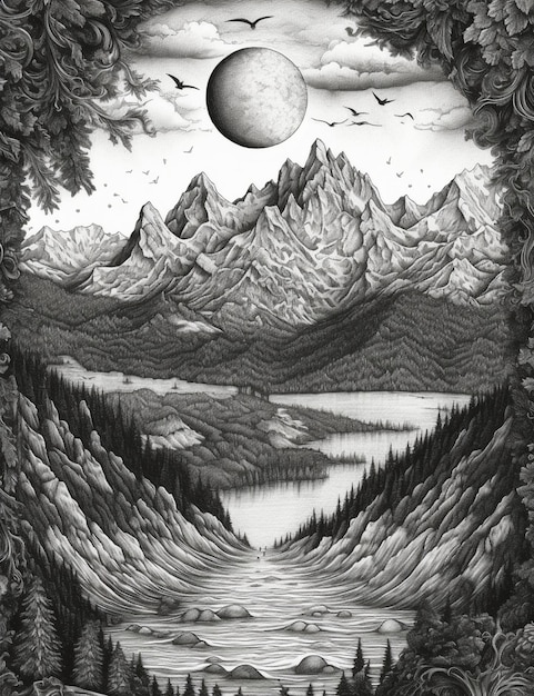 Photo a drawing of a river and mountains with a moon in the sky.