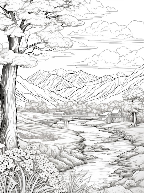 a drawing of a river with trees and mountains in the background generative ai