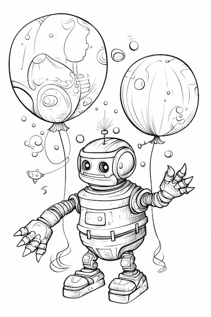 рисунок робота, держащего воздушные шары, и искусственный интеллект, генерирующий воздушные шары