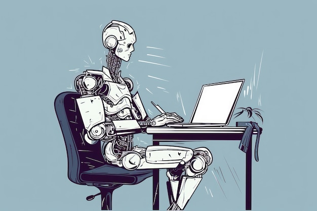 A drawing of a robot sitting at a desk with a laptop.