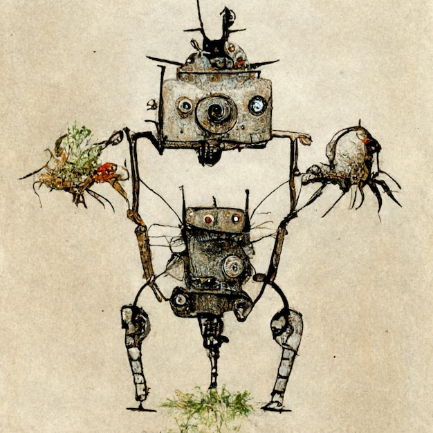 A drawing of a robot that is made by the artist.