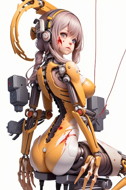 A drawing of a robot with blood on her skin