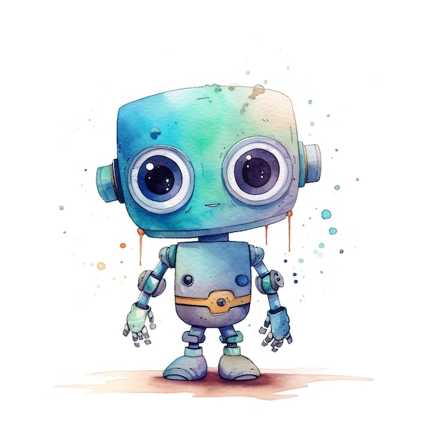 A drawing of a robot with a blue face and big eyes.