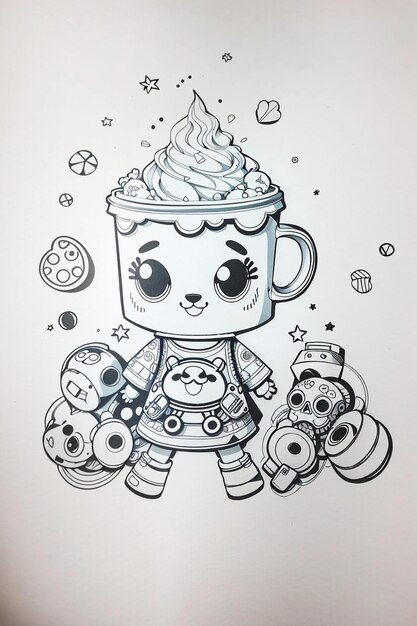 A drawing of a robot with a cup of milkshake on it