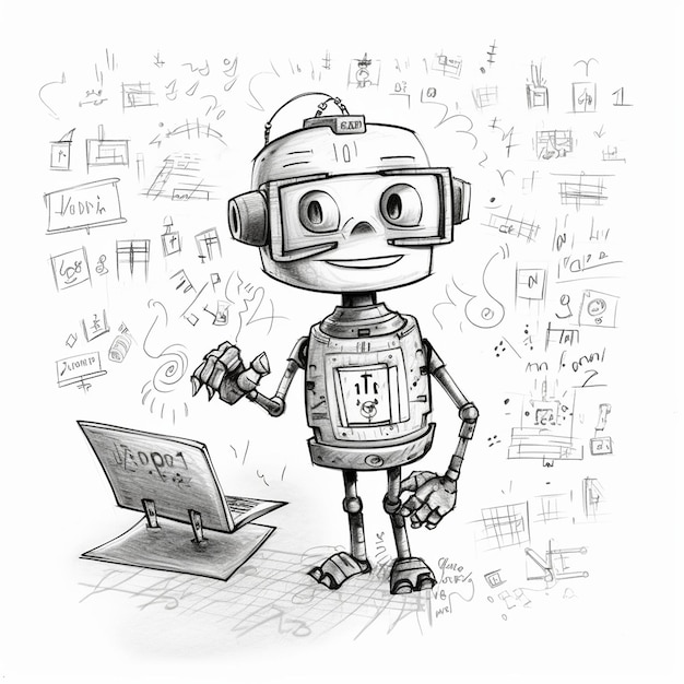 a drawing of a robot with a digital clock on it