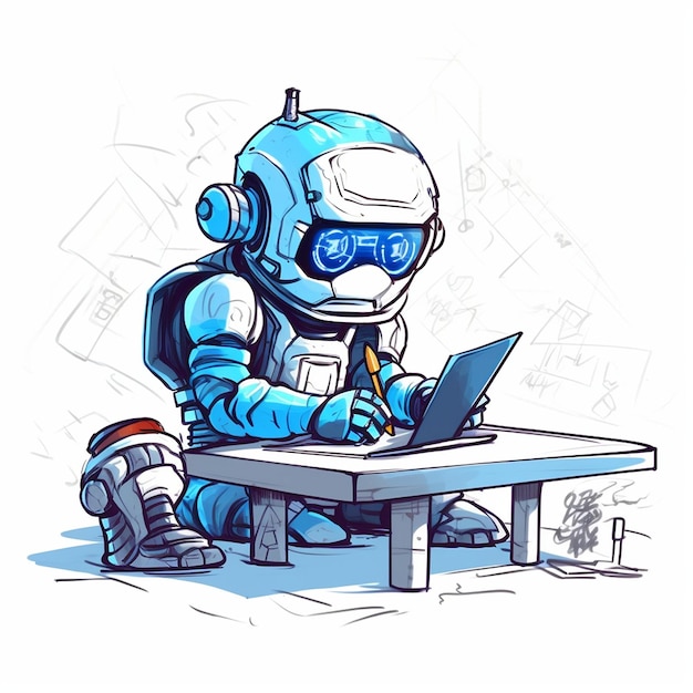 a drawing of a robot with a laptop on his lap