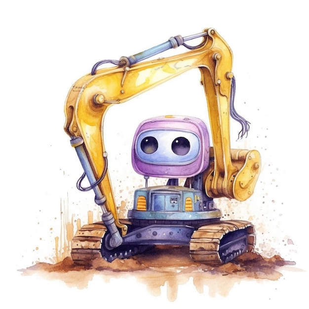 A drawing of a robot with a large backhoe on it