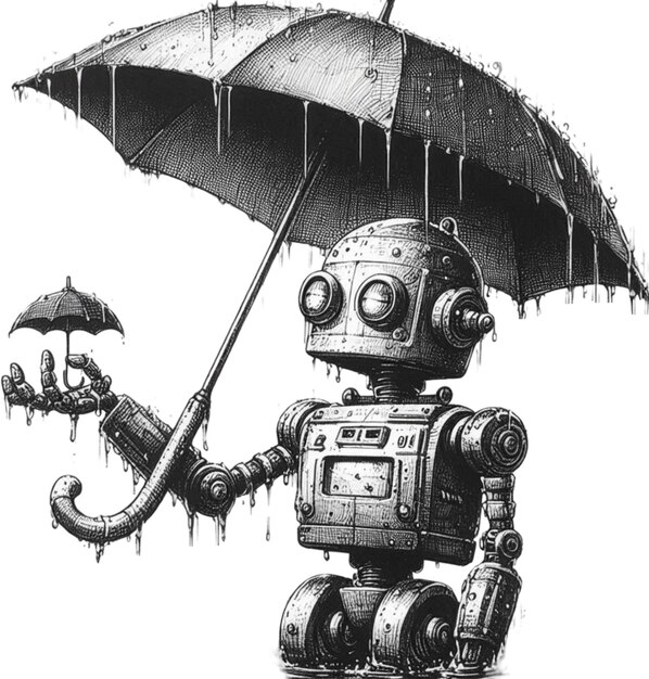 その上にロボットと書かれた傘を持ったロボットの絵