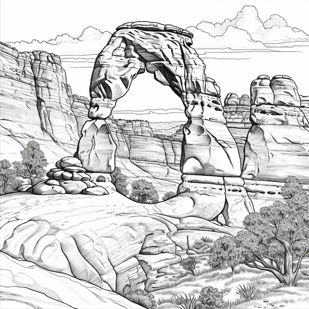 A drawing of a rock arch in the desert