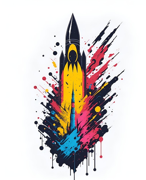 A drawing of a rocket with a blue and yellow paint splatter on it.