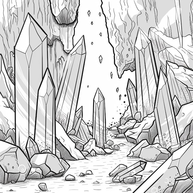 a drawing of a rocky area with a stream and rocks generative ai