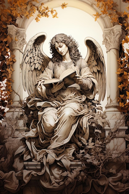 Photo drawing in rococo style of an angel reading a book