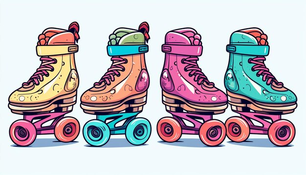 a drawing of roller skates with different colored rollers