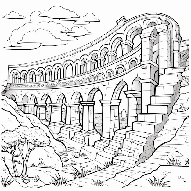Photo a drawing of a roman aqueduct with arches and steps generative ai