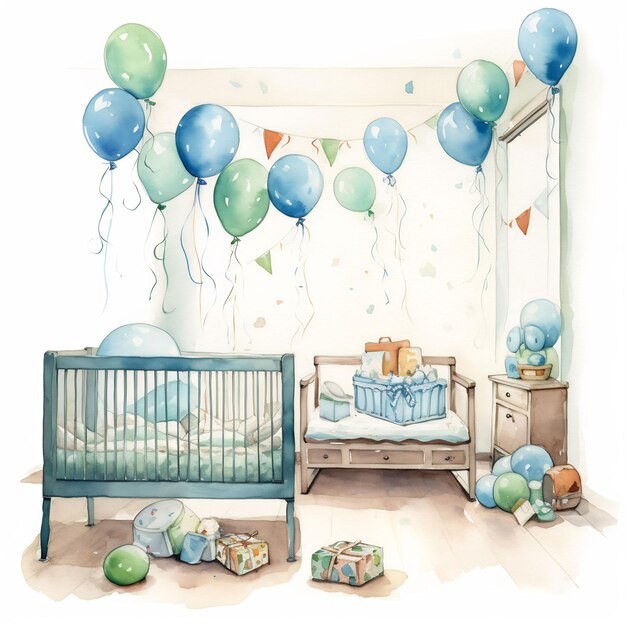 a drawing of a room with a bed and a window with balloons and a baby in it