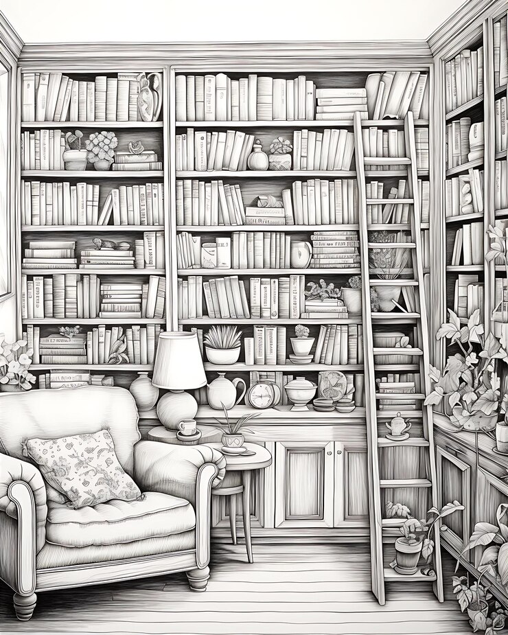 色彩 の ある 書 と 家具 を 備え た 部屋 の 絵