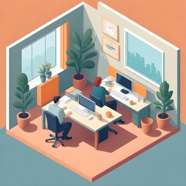 a drawing of a room with a desk and a chair with a picture of a person sitting at the desk