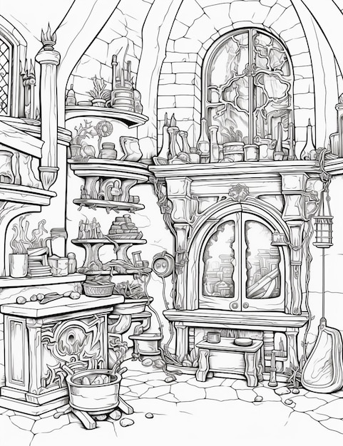 a drawing of a room with a fireplace and a shelf with a clock generative ai