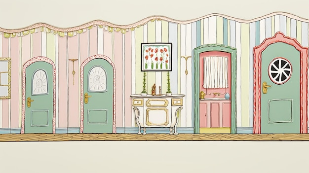 A drawing of a room with pink and green doors