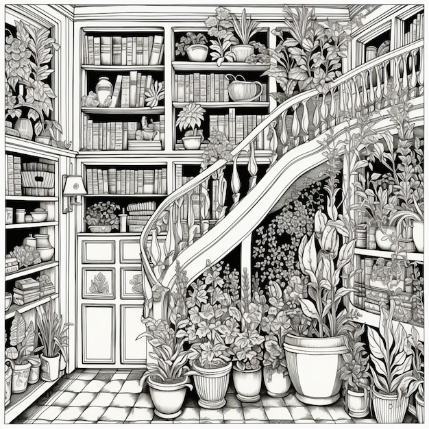 a drawing of a room with a spiral staircase and a book shelf generative ai