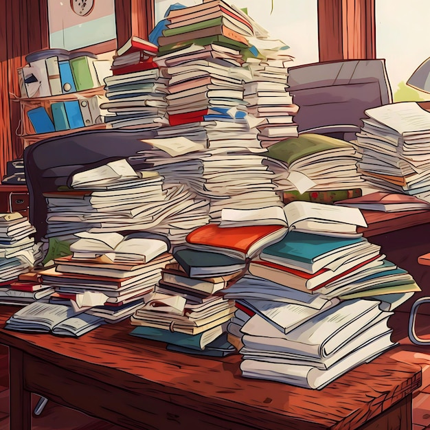 A drawing of a room with a stack of books on it and a book on the table.