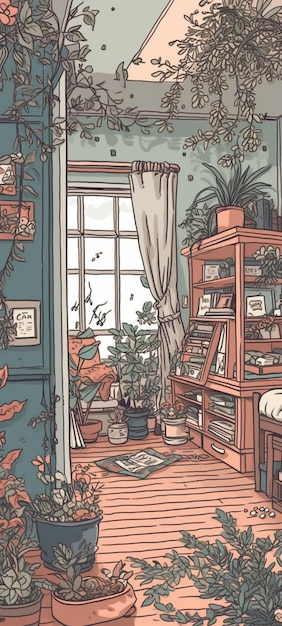 A drawing of a room with a window and a plant on the wall.