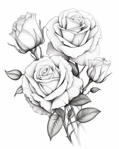 a drawing of a rose with leaves and buds on a white background generative ai