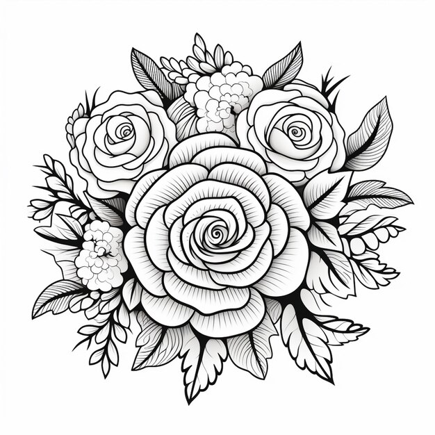 a drawing of a rose with leaves and flowers on it generative ai