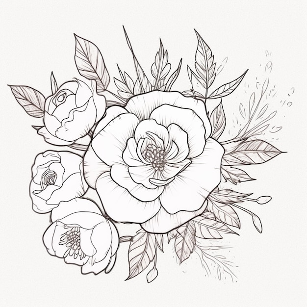 A drawing of a rose with leaves and flowers on a white background generative ai